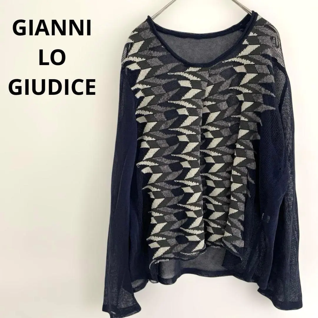 Thumbnail of GIANNI LO GIUDICE Geometric Pattern Mesh Long Sleeve Top, Navy