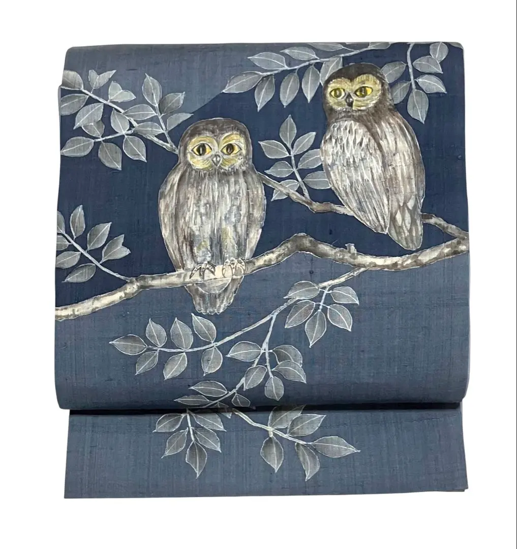 袋帶 雙鼓柄 正絹 紬地 貓頭鷹 葉紋 帶尖有接縫 美品 伊6167 的縮圖