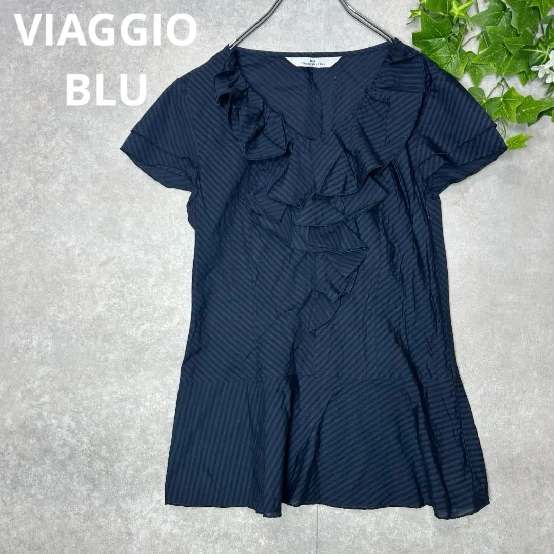 Thumbnail of Viaggio Blu Short Sleeve Frill Shirt Blouse Navy S 100% Cotton
