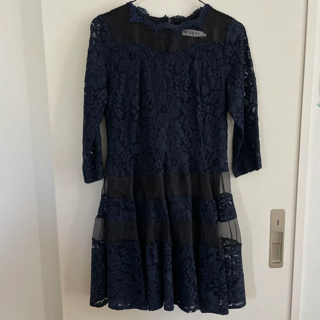 Thumbnail of [Price Reduced] Navy Floral Lace Flare Dress, Size M