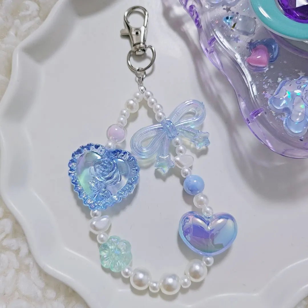 Thumbnail of Glittering, light blue, smooth bead keychain, Korean Y2K, ribbon, heart