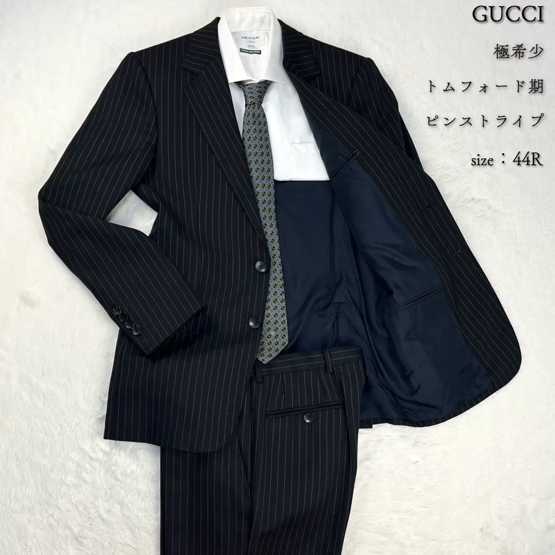 GUCCI ビジネススーツ ダークグレー ピンストライプ チャコールグレー×ピンストライプ シングルスーツ-大阪谷町店