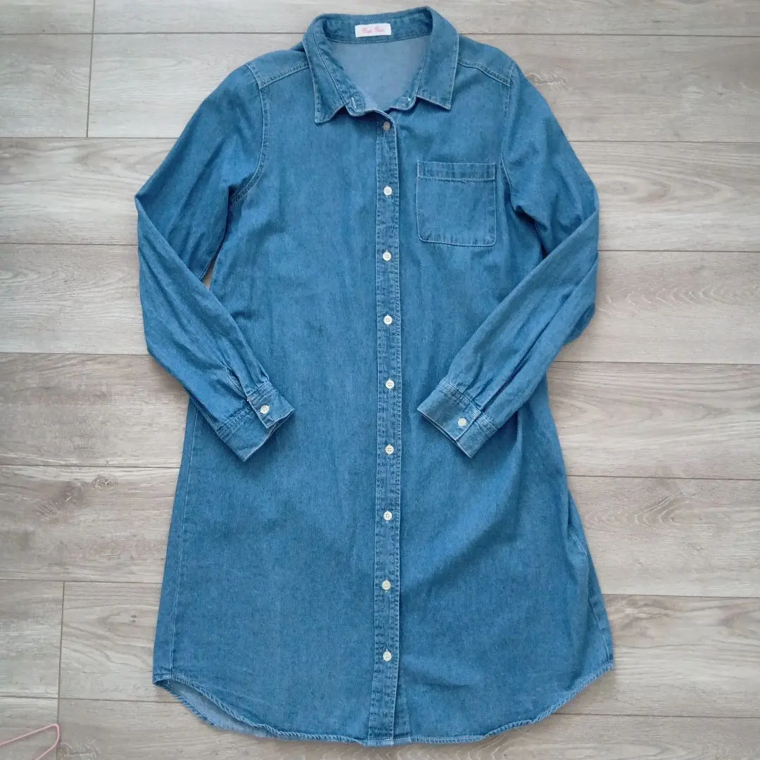 降價了 美品 牛仔藍 長袖襯衫長洋裝 的縮圖