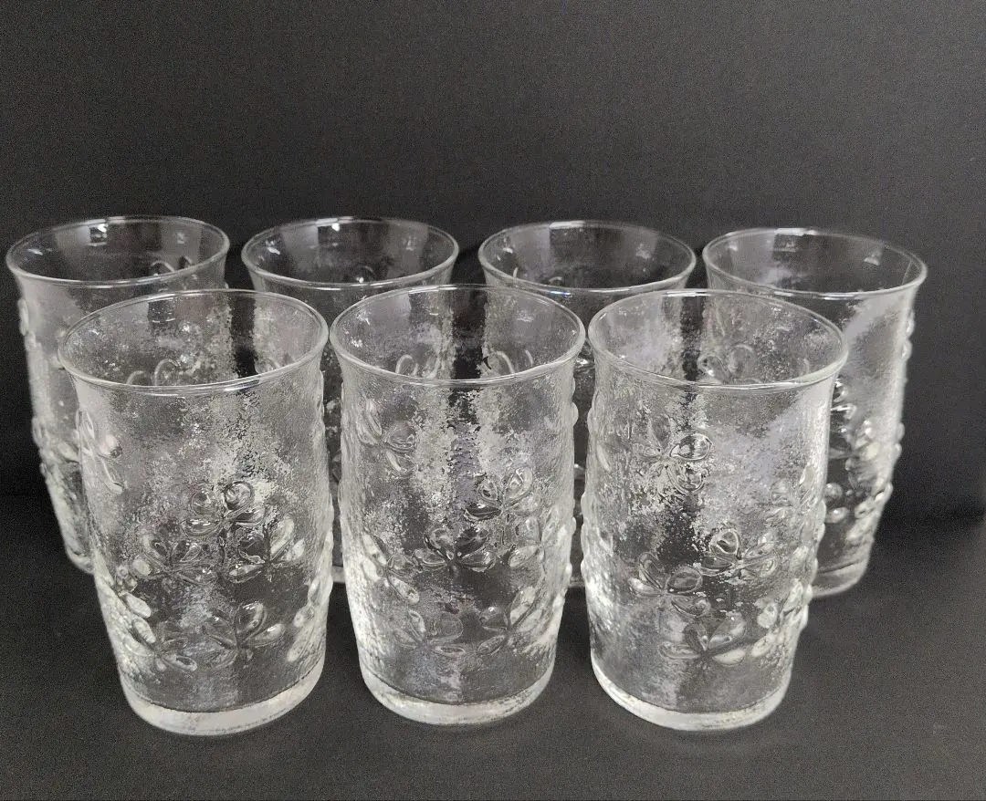 Thumbnail of Sasaki Glass Showa Retro Flower Pattern Embossed Glass Cups - Set of 7