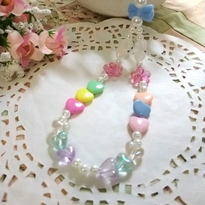 Thumbnail of Beaded strap keychain heart ribbon flower pearl colorful cute