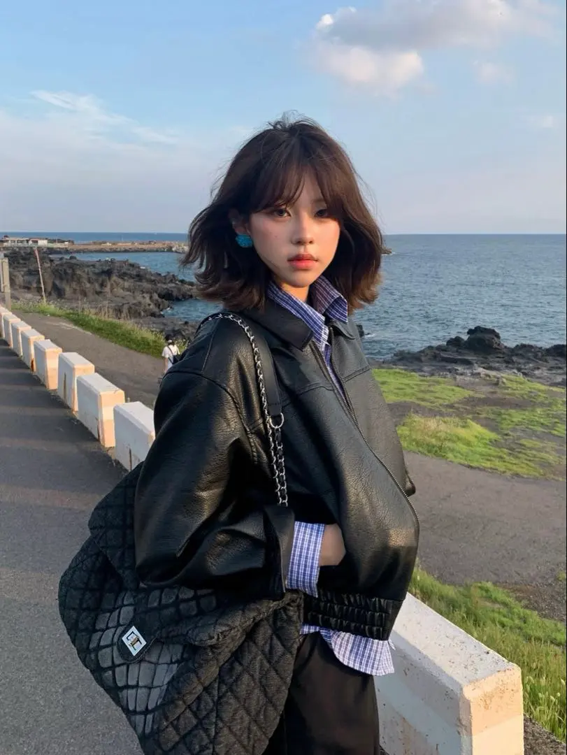 Thumbnail of Classic collared leather outerwear ✭ High-quality zipper Casual wear Date night Girls' night out