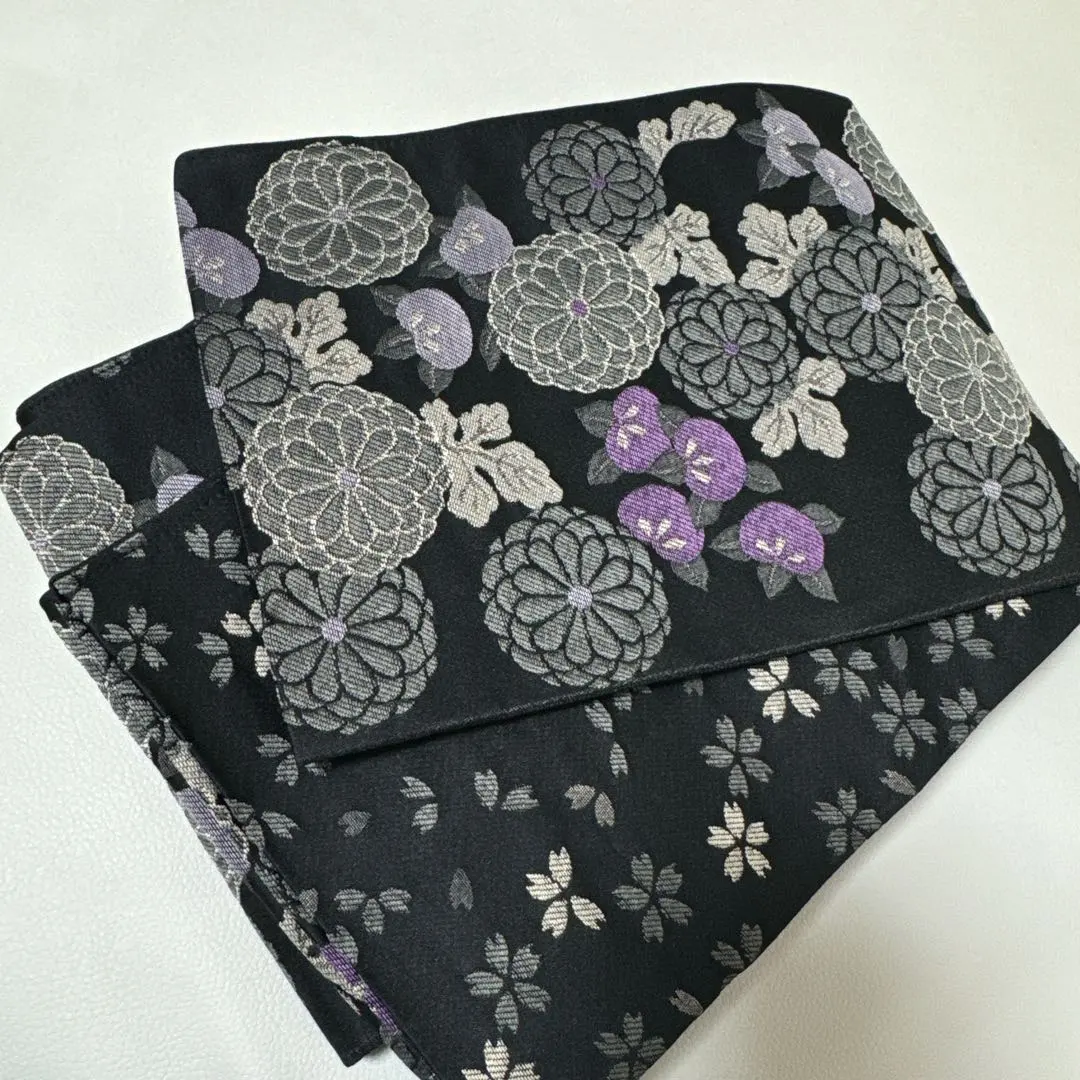 Thumbnail of [Excellent Condition] Black Floral Reversible Hanhaba Obi (Half-Width Belt) Elegant Modern Kimono Yukata