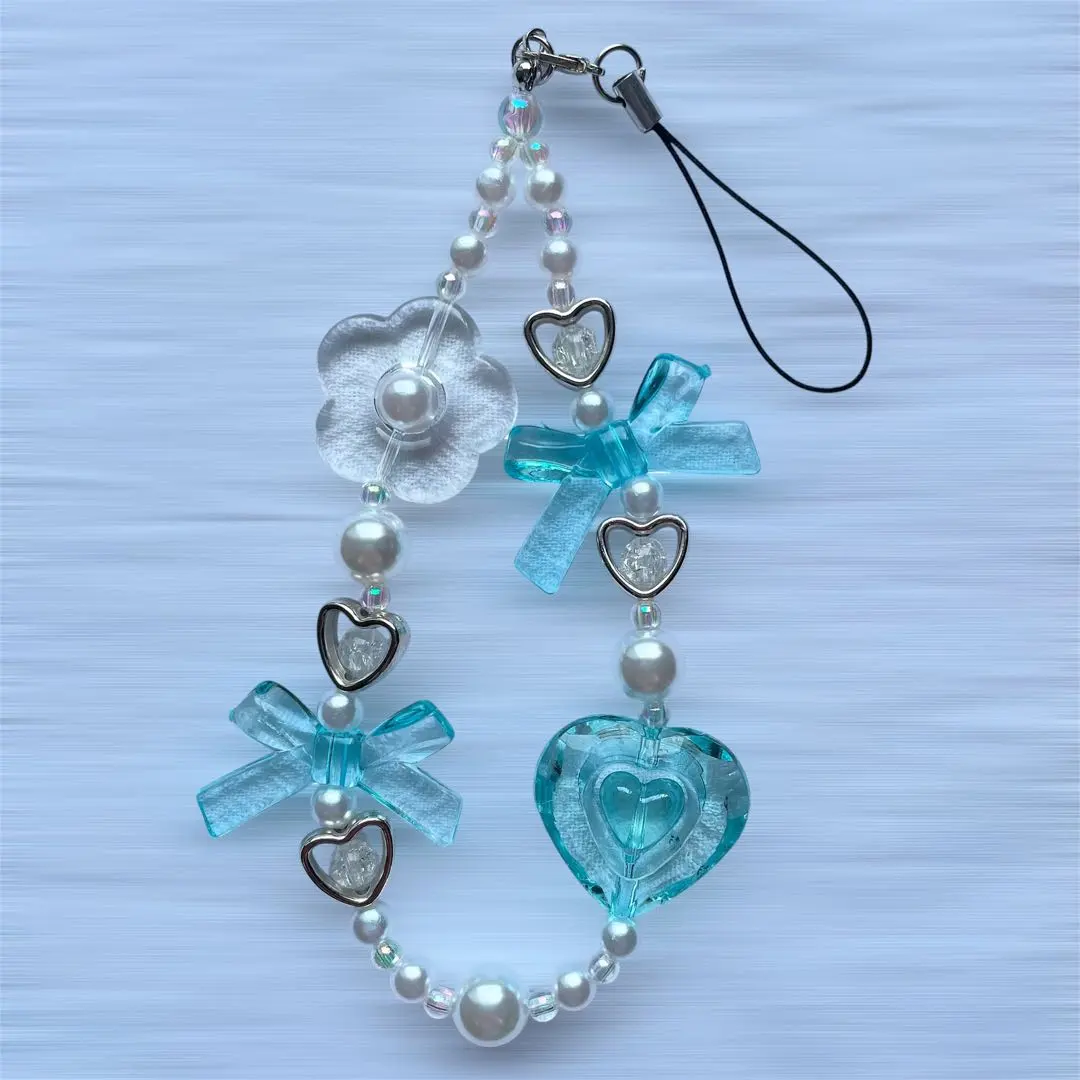 Thumbnail of Beaded strap, smartphone strap, handmade, blue, ribbon, heart, flowers