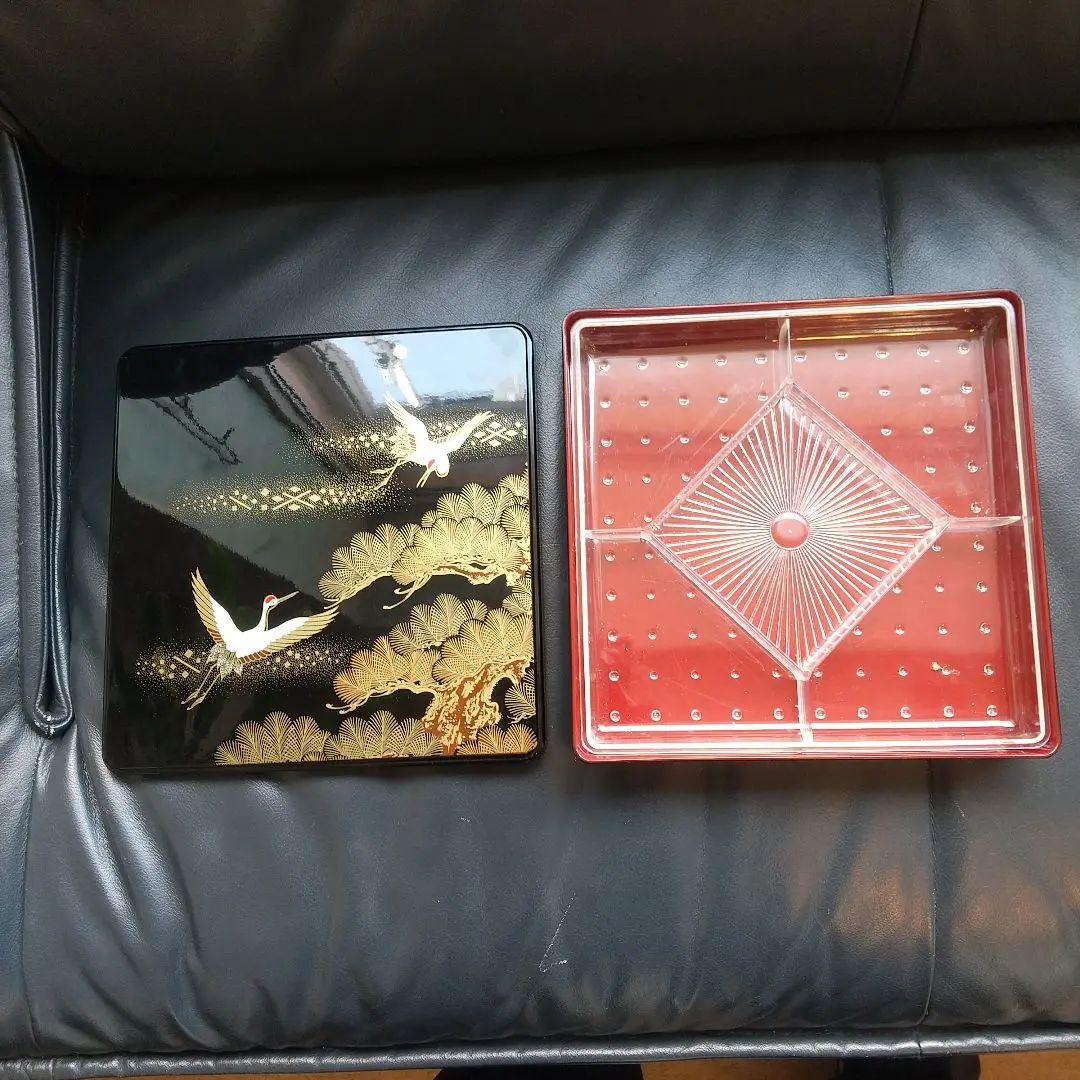 Thumbnail of Jubako (tiered food box) - Black with gold cranes, red interior