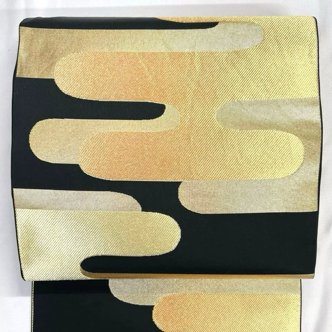 Thumbnail of Kawashima Weaving Furisode Obi (formal kimono sash), Fukuro Obi (double-layered obi), Kasumi (mist) pattern, black ground, gold thread, silver thread, kimono, obi, 027k