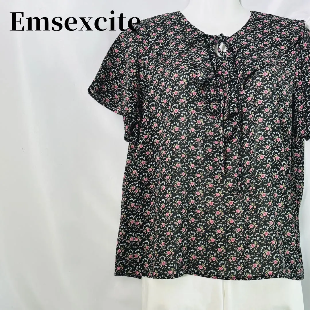 【美品】Emsexcite 花紋上衣 小花紋 荷葉袖 帶透膚感 黑粉色 的縮圖