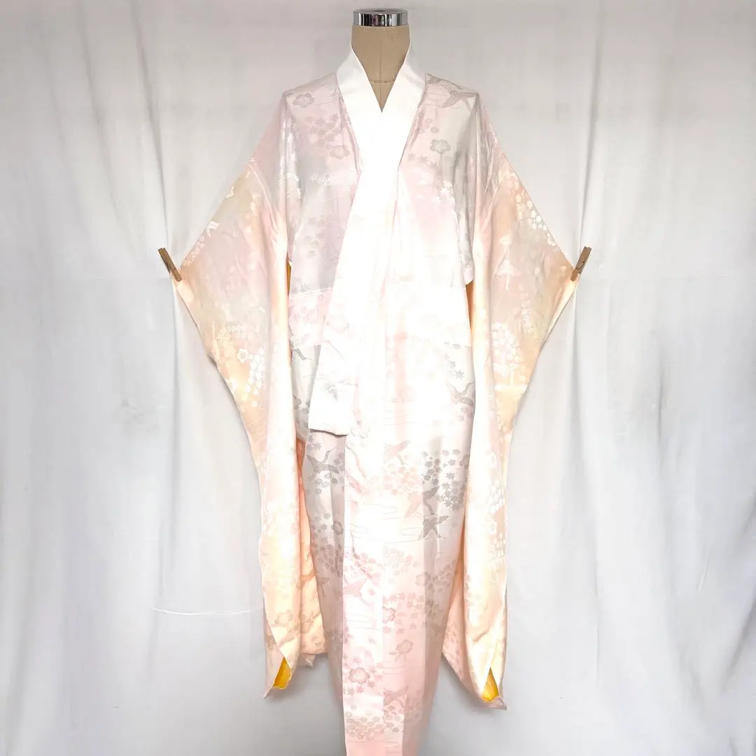 Thumbnail of 5k2617 Nagajuban (long undergarment) - Silk - Single Layer - For Furisode (long-sleeved kimono) - Cranes - Pink - White - Yellow - Floral Pattern - Japanese Clothing - Kimono