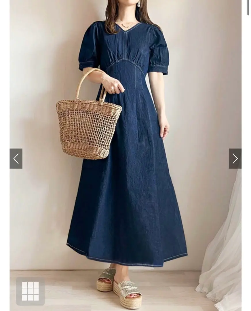 Thumbnail of GRL V-neck Tuck Denim Flare Dress [on160] Navy S size