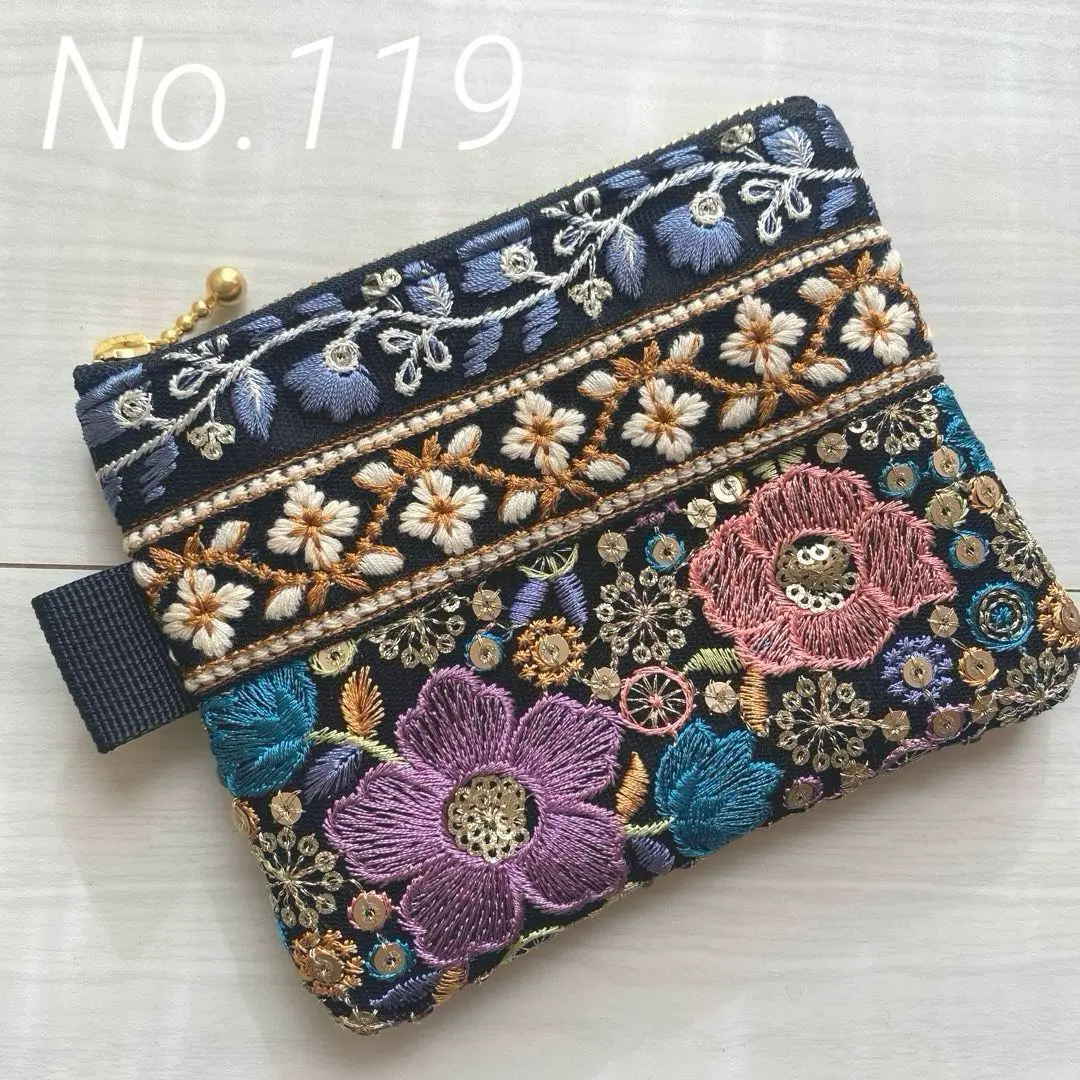 Thumbnail of Indian Embroidered Ribbon Floral Black Pouch [M] No. 119