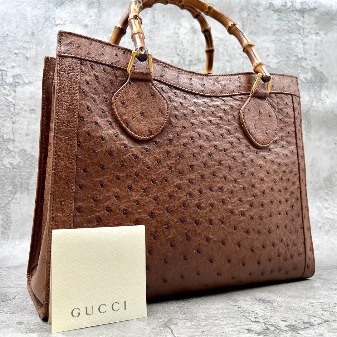 ✨希少品✨️GUCCI バンブー オーストリッチ ゴールド金具トートバッグ 茶色 ✨希少品✨️GUCCI バンブー オーストリッチ ゴールド金具トート