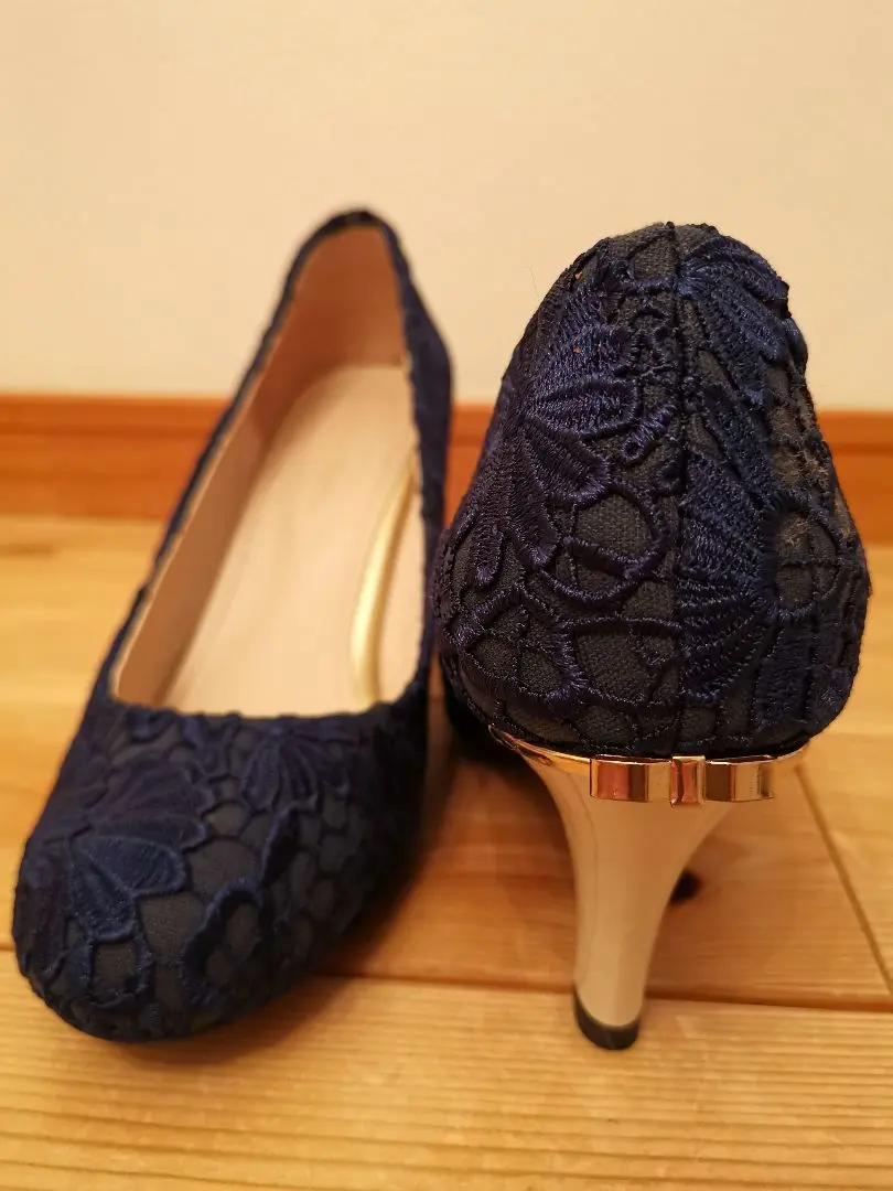 Thumbnail of Beautiful condition! Navy floral lace pumps with back ribbon, size 40, for parties and weddings