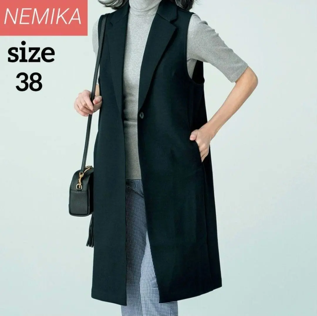 極美品 ネミカ NEMIKA ノーカラーロングジレ ネイビー バックボタン F 極美品 ネミカ NEMIKA ノーカラーロングジレ ネイビー バック