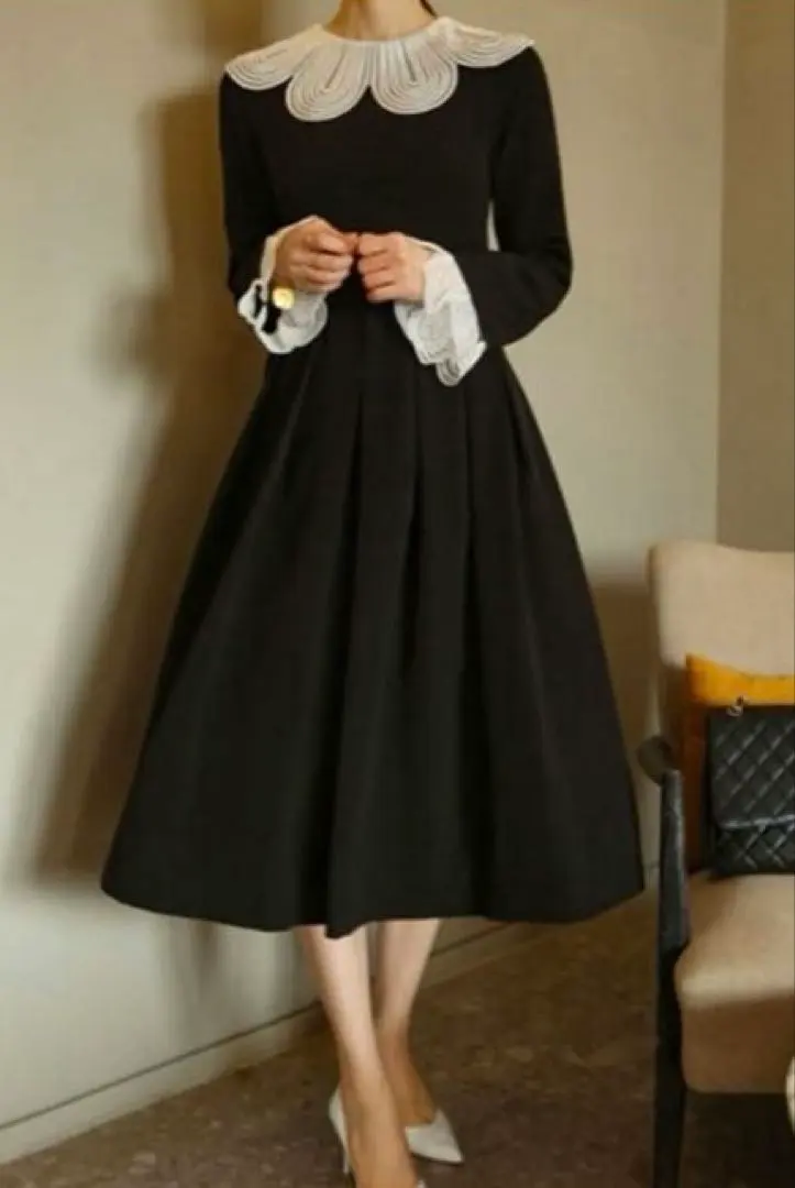 Thumbnail of Long Sleeve Elegant One-Piece Dress with Flower Collar, Black