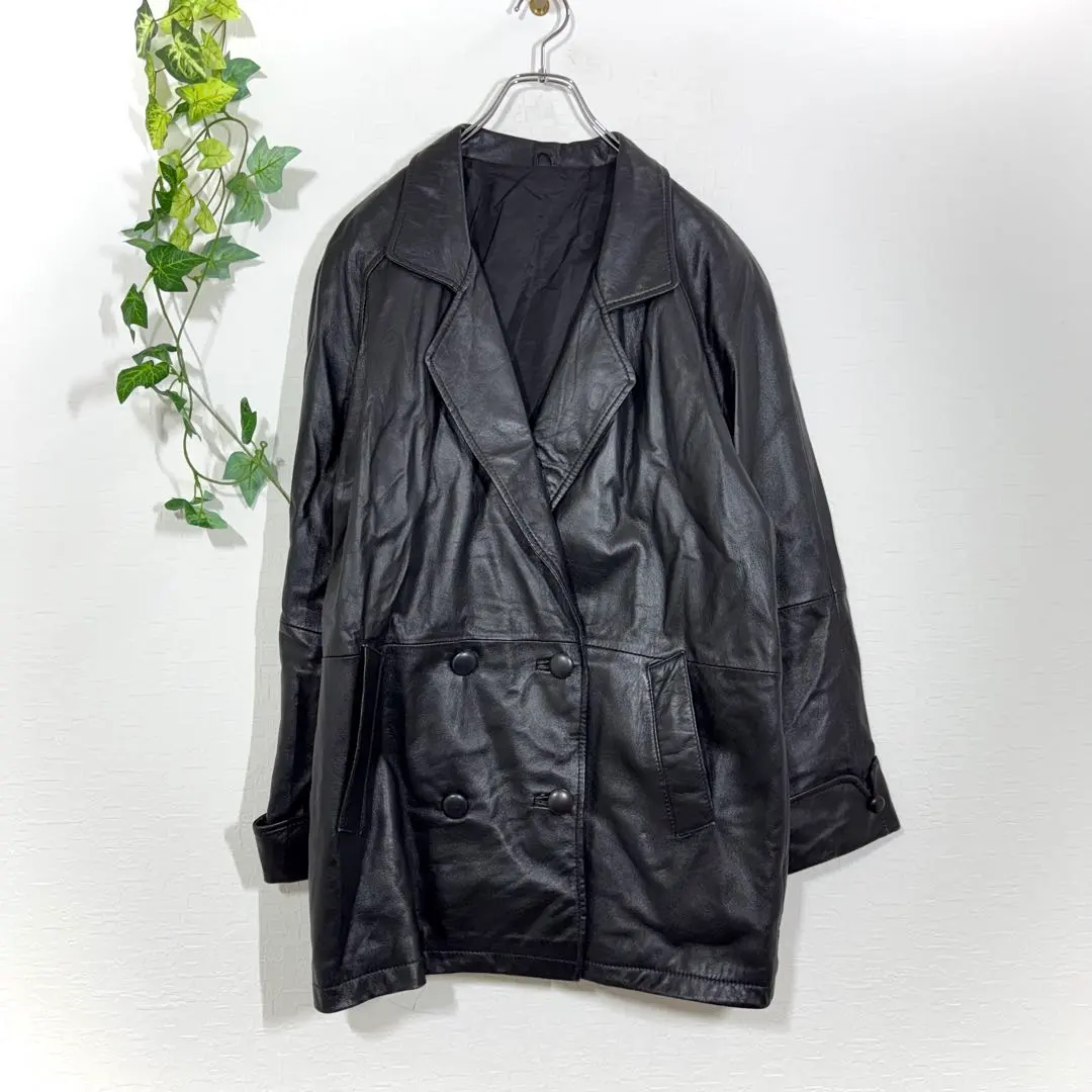 Thumbnail of Genuine Leather Sheepskin Lambskin Double-Breasted Long Jacket Coat Black
