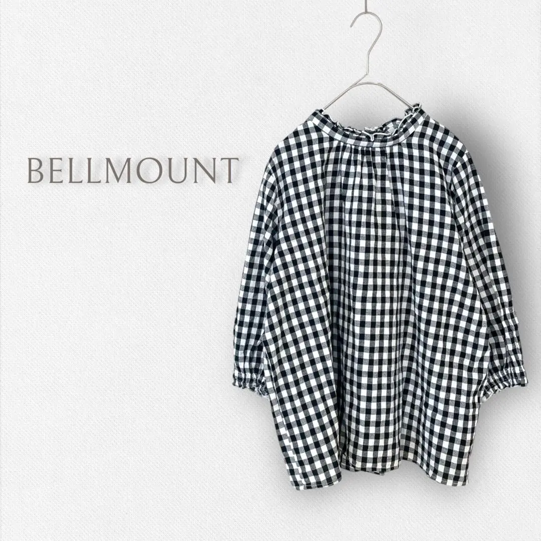 Thumbnail of Belmont: 3/4 Sleeve Blouse, Gingham Check, High Neck, Back Button, Linen Blend