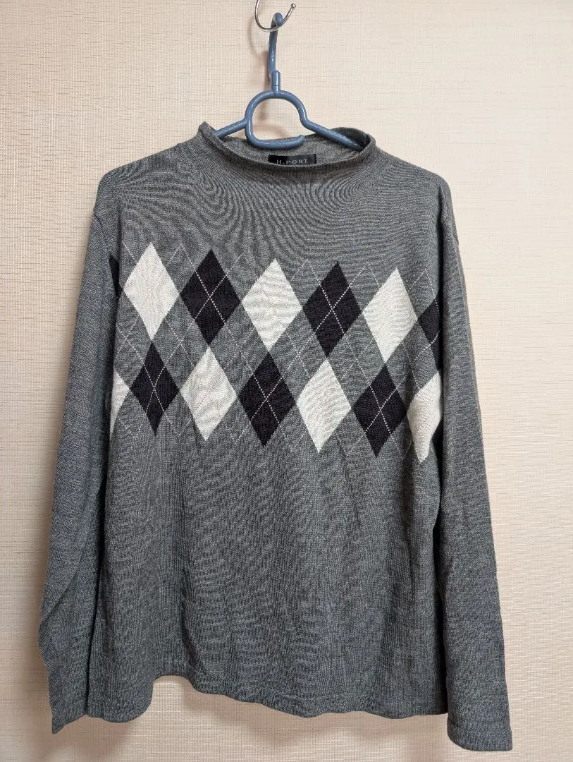 H.PORT 灰色 菱形紋 長袖針織衫 的縮圖