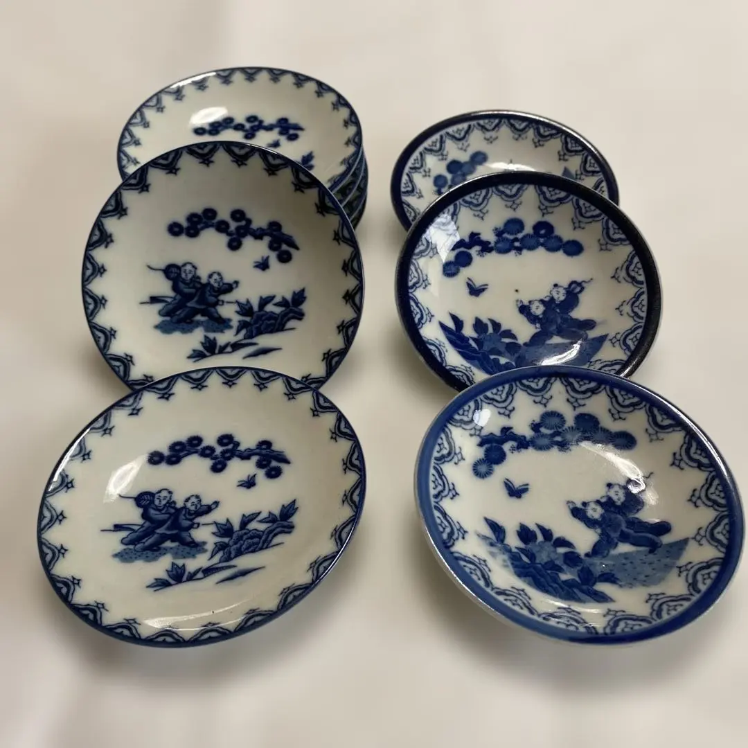Thumbnail of Set of 8 blue floral patterned plates, small dishes, soy sauce dishes, antique, vintage
