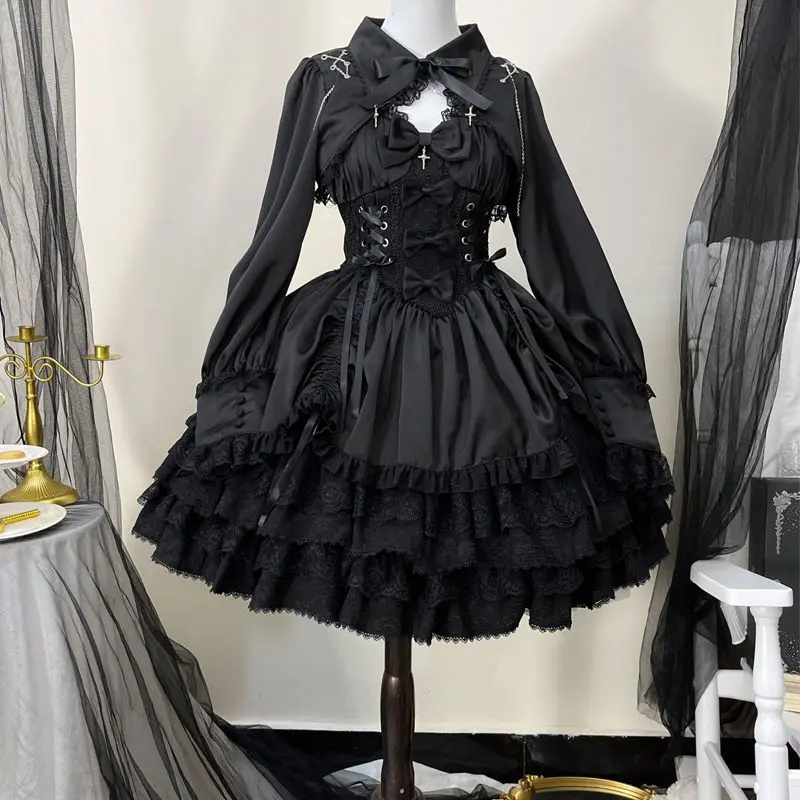 Thumbnail of Korean Girl - Cross Medal: Black Gothic Lolita Dress, Lolita Set-up, Jiarei-kei Gothic Lolita