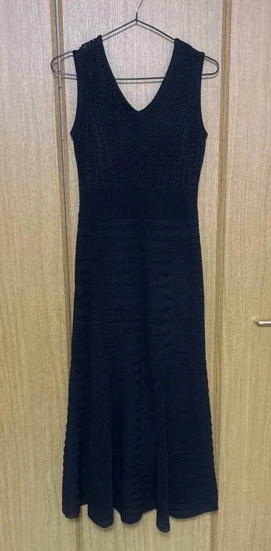 Thumbnail of rienda Lace Knit One-Piece Long Black Crochet