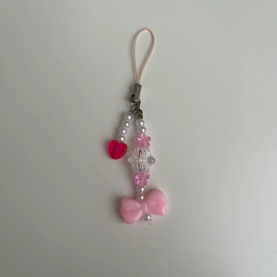 Thumbnail of Beaded keychain, handmade, ribbon, charm, pink