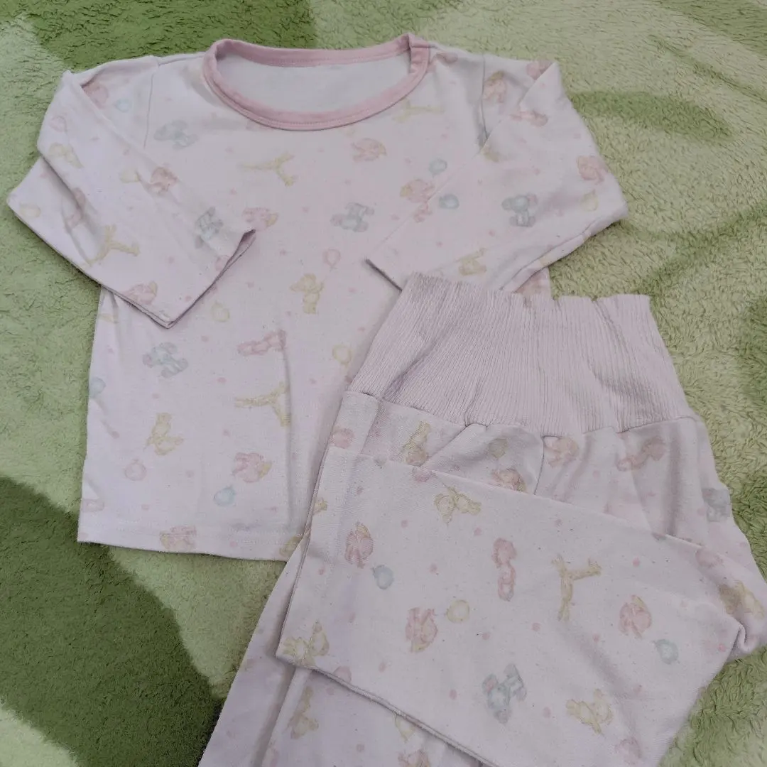 Thumbnail of Baby pajamas, animal print, pink, long sleeves, size 95, with belly band