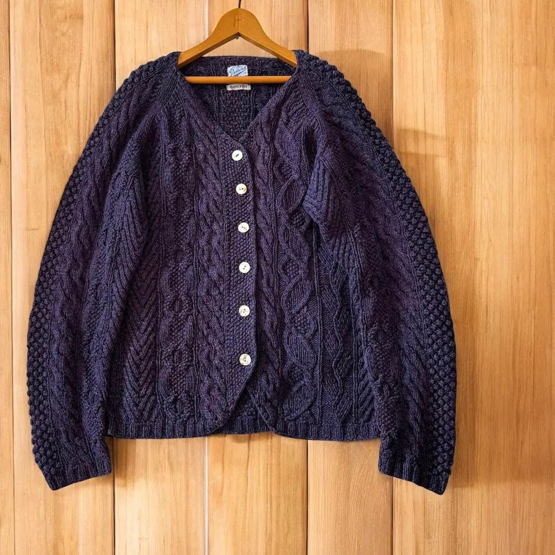Thumbnail of Vintage Hand-Knit Aran Knit Cardigan, Eggplant Navy, Cotton, Silk, Linen