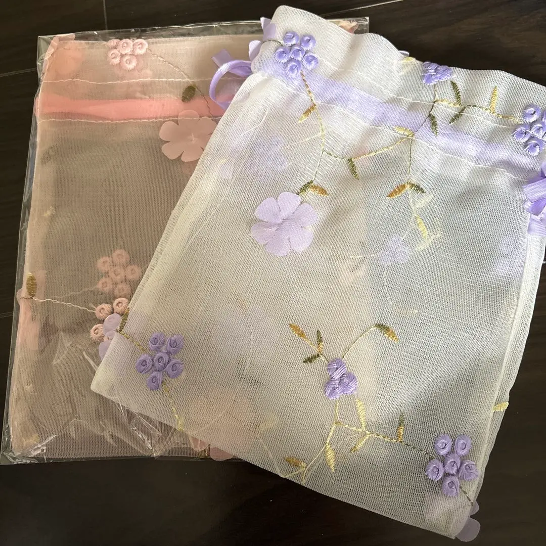 Thumbnail of Embroidered Mesh Drawstring Bag, Light Purple & Pink