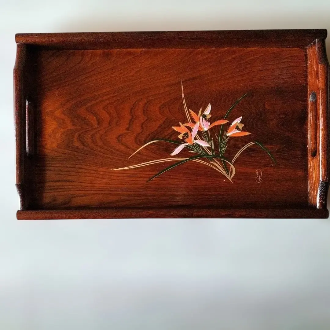 Thumbnail of Natural wood floral tray, synthetic lacquerware