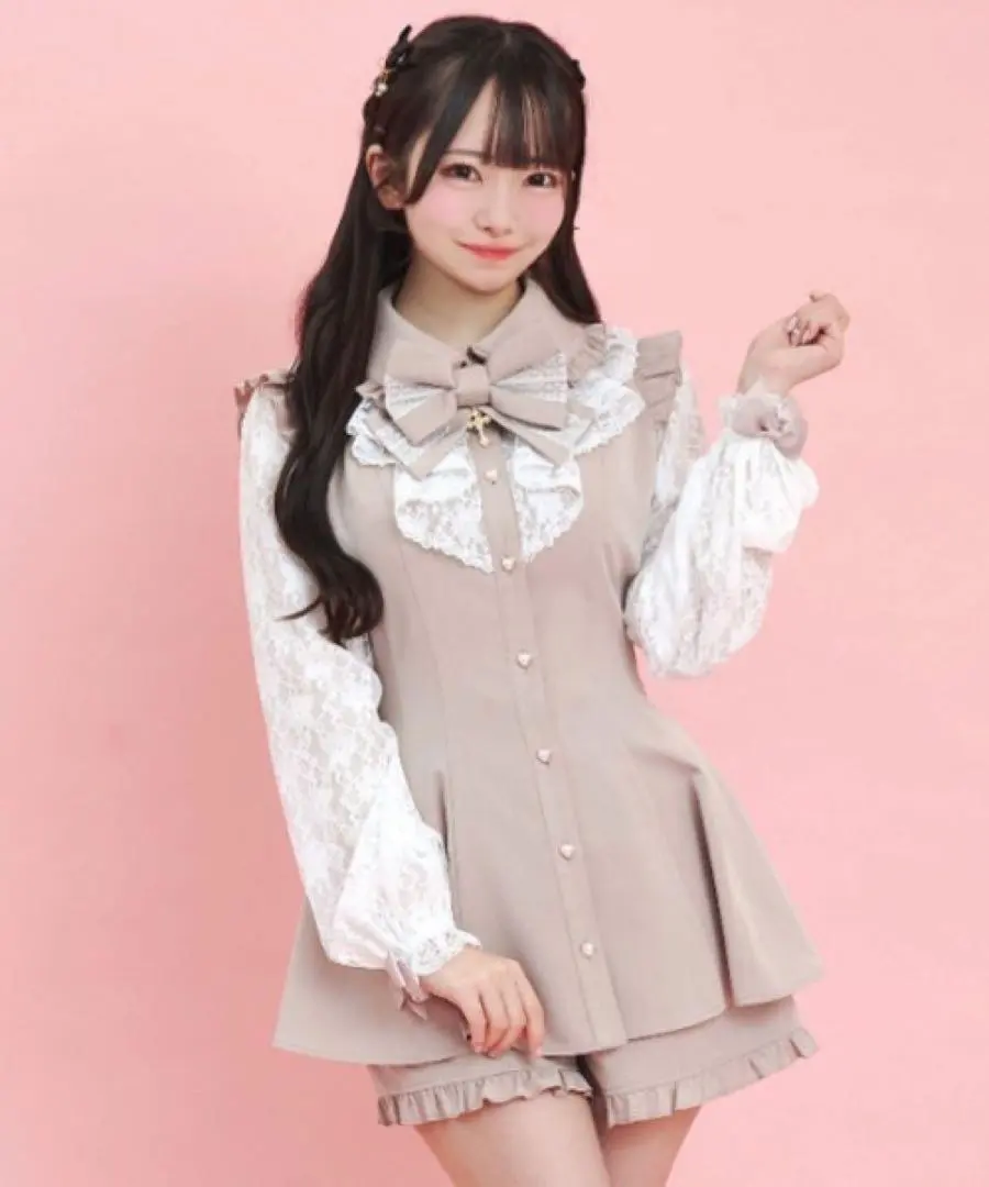 Thumbnail of Secret Honey Ruffle Sleeve Lace Long Sleeve Set Up - Pink