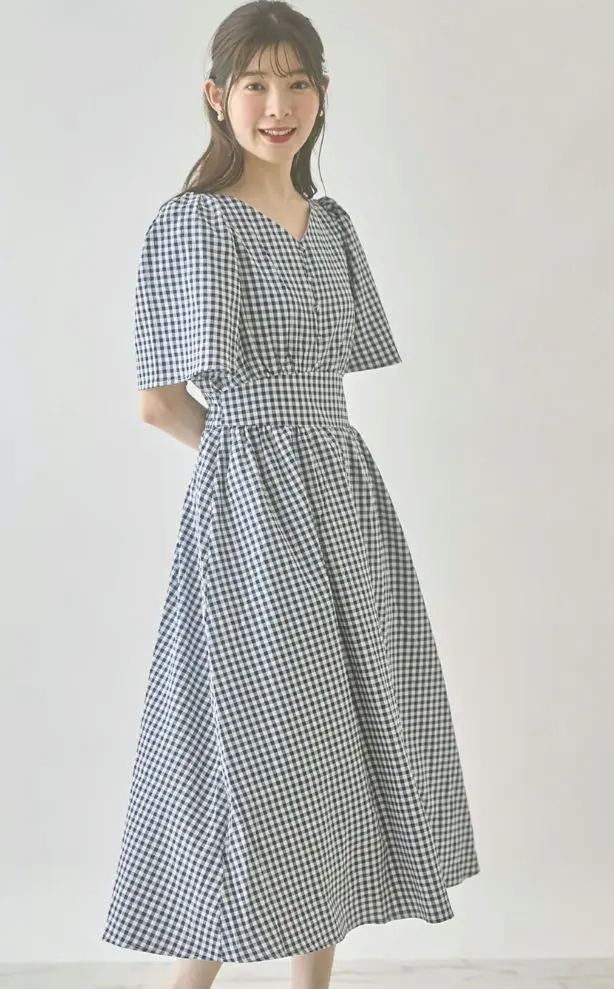 Thumbnail of Back Lace-up Flare Sleeve Gingham Check Dress - Navy