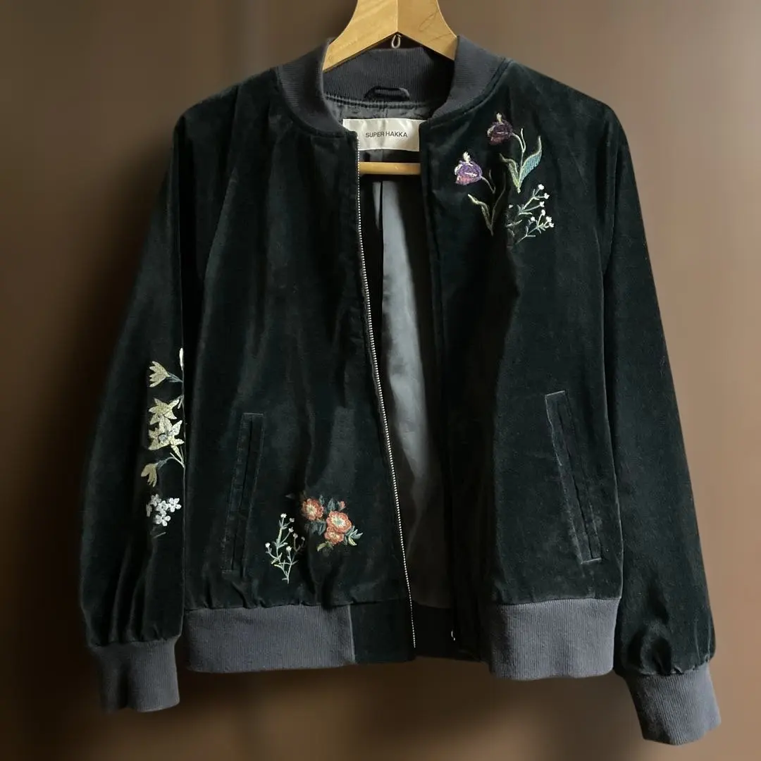 超級駭客 SUPER HAKKA 絲絨花卉刺繡飛行夾克 深綠色 的縮圖