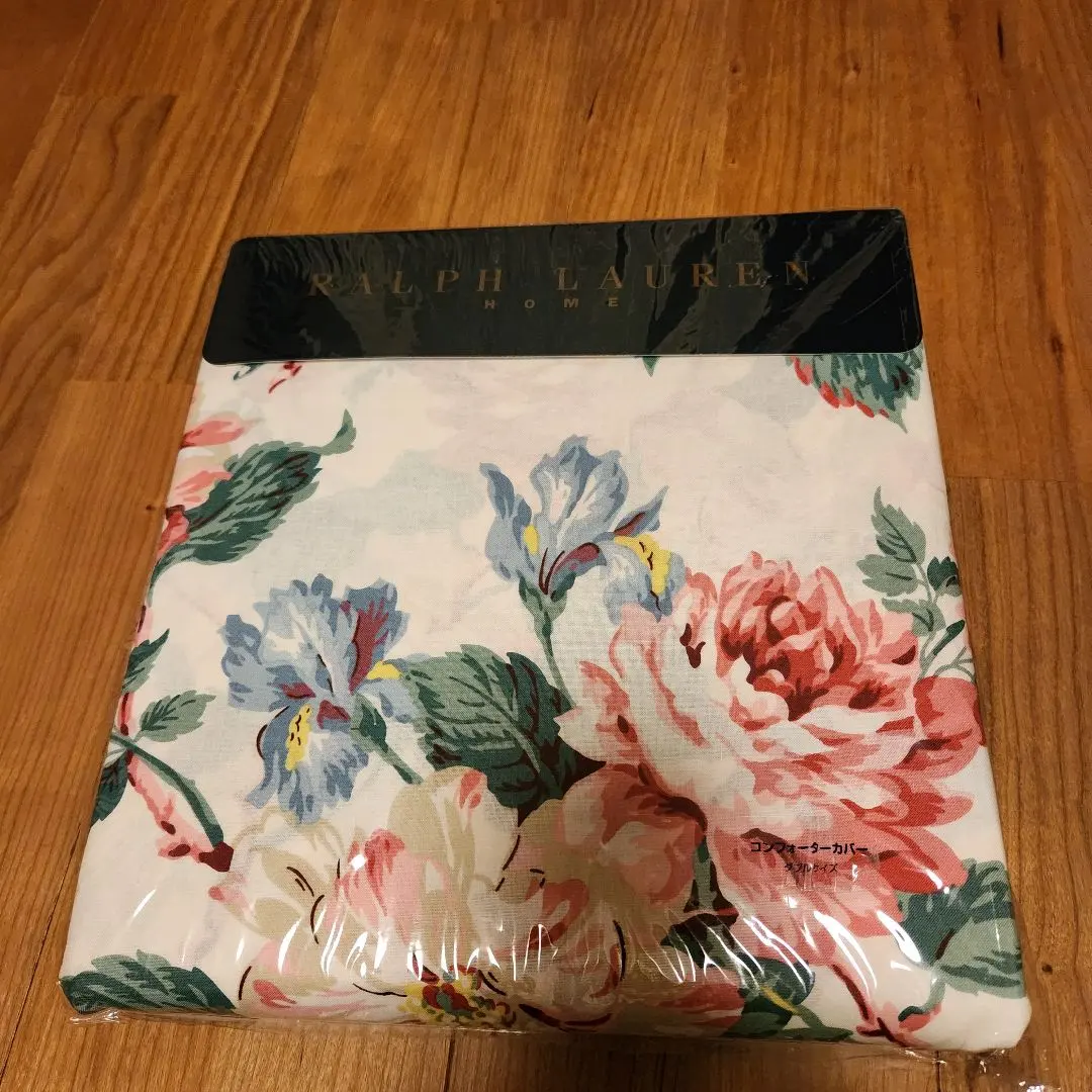 新品ラルフローレン　フラットシーツ　シングル白　ブルー花柄