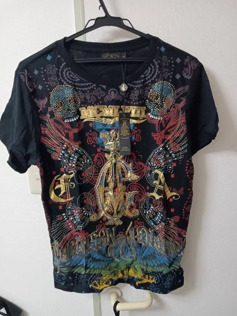 Christian Audigier スカル　骸骨　半袖　ロング　Tシャツ Christian Audigier スカル 骸骨 半袖 ロング Tシャツ - メルカリ