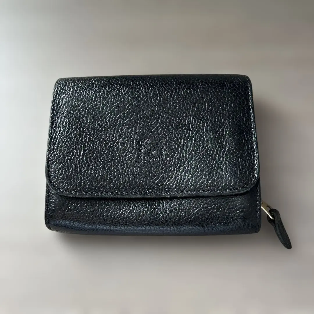 義大利植鞣革 IL BISONTE 雙摺錢包 黑色 的縮圖