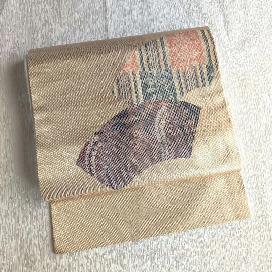 Thumbnail of Beautiful Condition ★ Nagoya Obi, Silk, Fan Design, Wisteria, Gold, Off-White