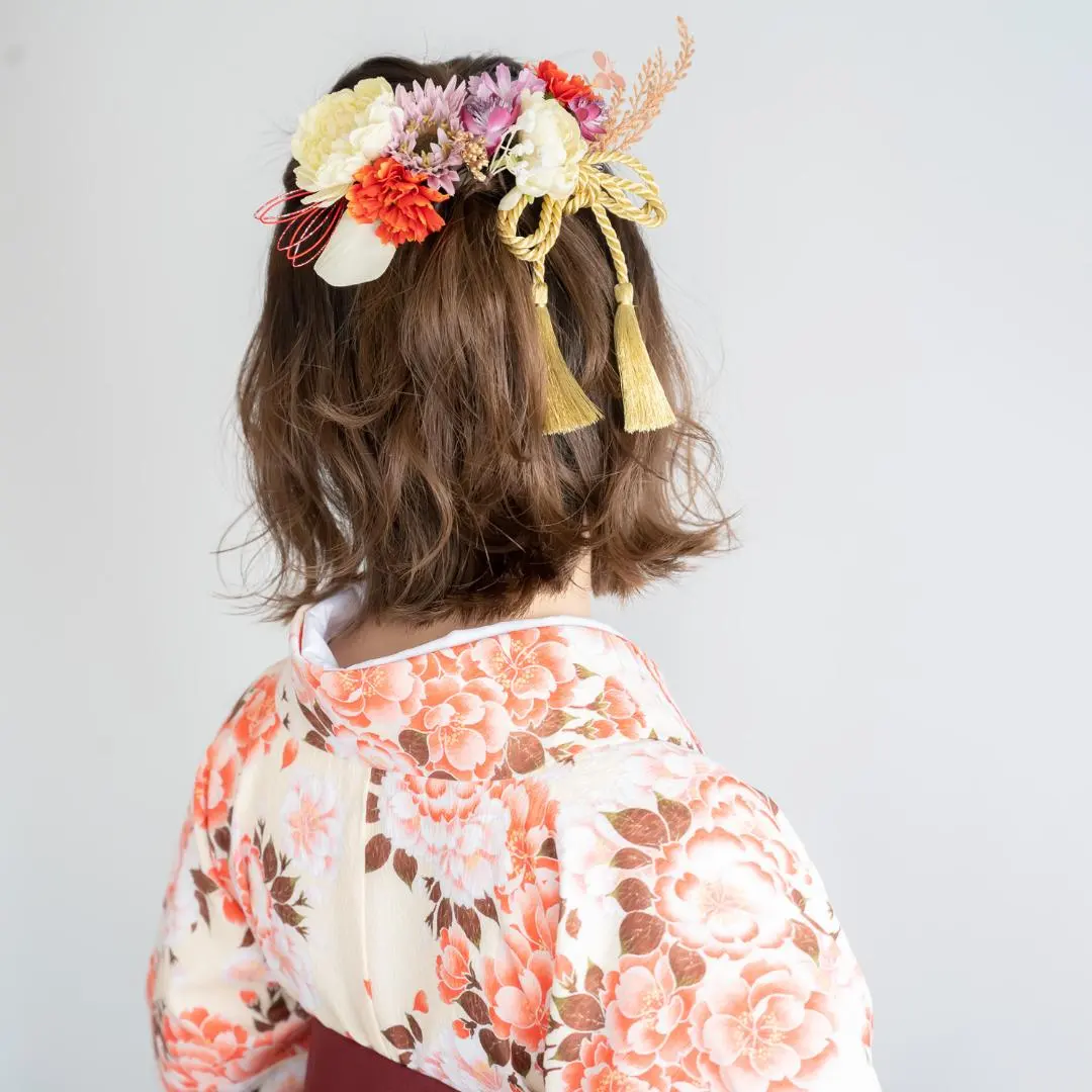 【鮑伯畢業典禮袴髮飾E】粉色頭飾&組紐金色&水引紅色/成人式畢業典禮 的縮圖