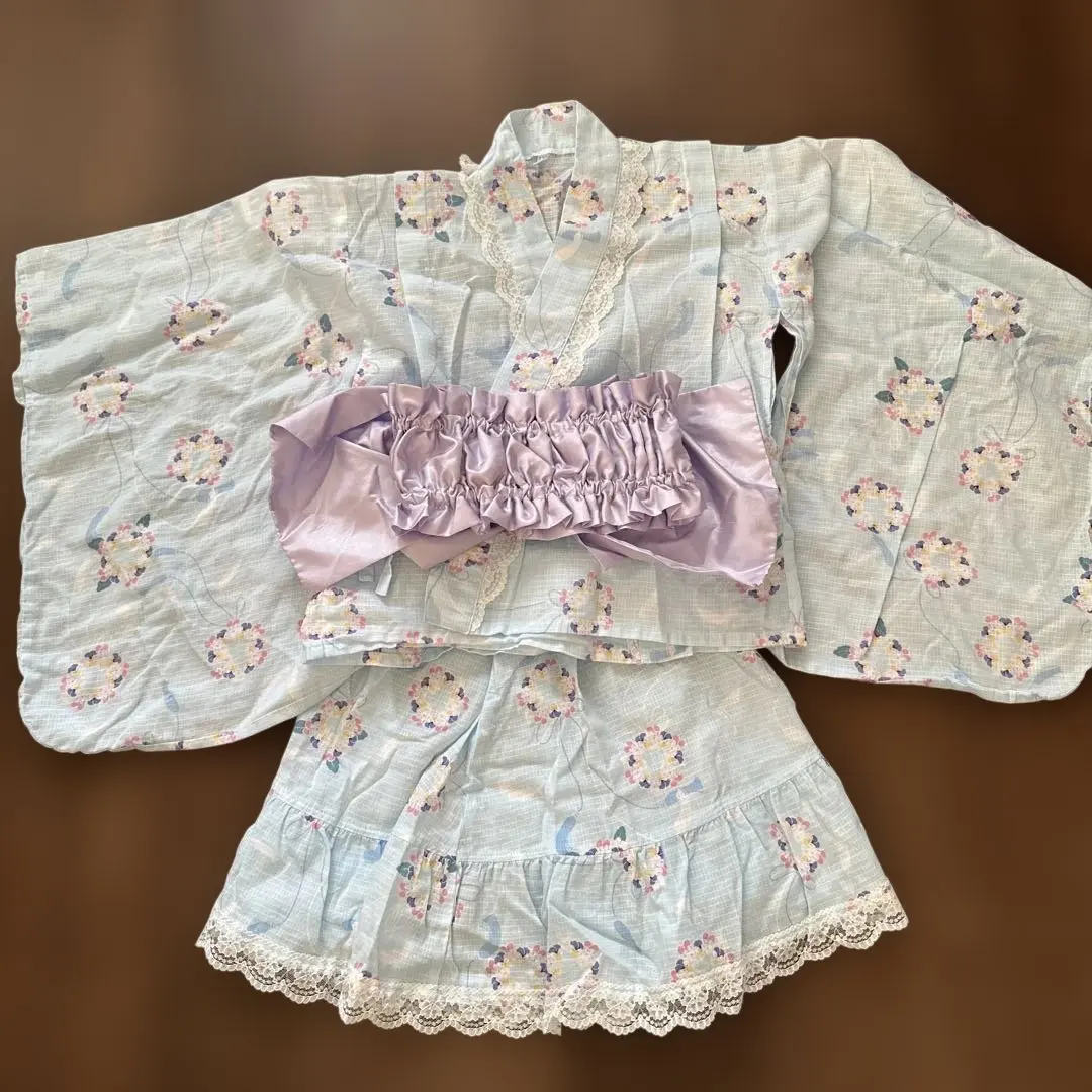 Thumbnail of Light blue floral yukata, skirt, obi with ribbon