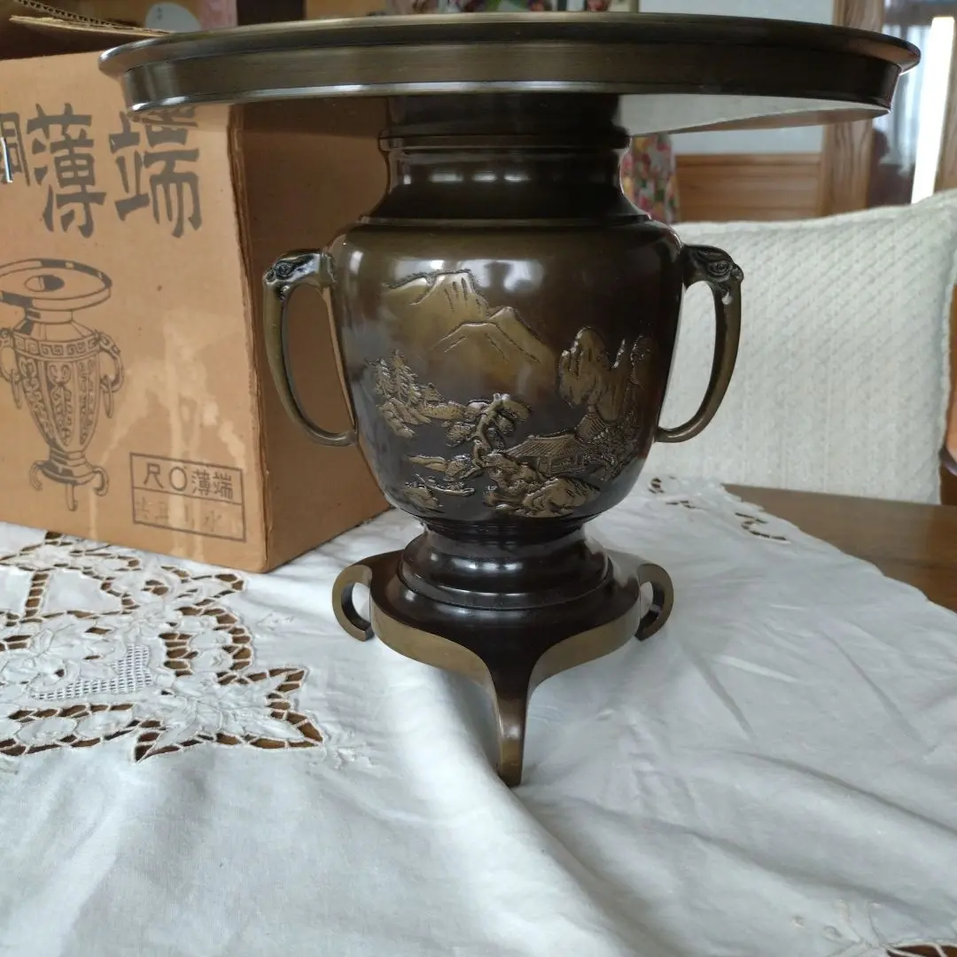 唐銅製薄端 花器 花生 紙箱付 未使用 L143 花器 薄端｜ 尺1富士山水 ｜剛信作 銅製 紙箱入り【高岡銅器