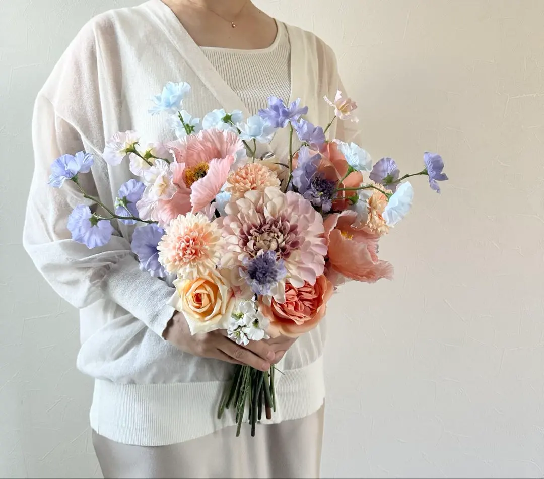 Thumbnail of Wedding bouquet pink purple blue pre-wedding photo artificial flowers rose wedding