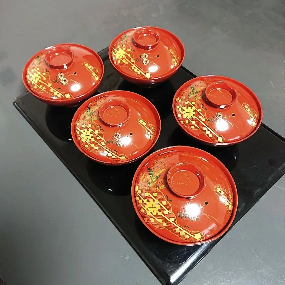 【美品】大内塗　山口　岡田忠亮作　本漆塗　金箔　秋草模様　会席膳　四方膳　5客 美品】大内塗山口岡田忠亮作本漆塗金箔秋草模様会席膳四方膳5客