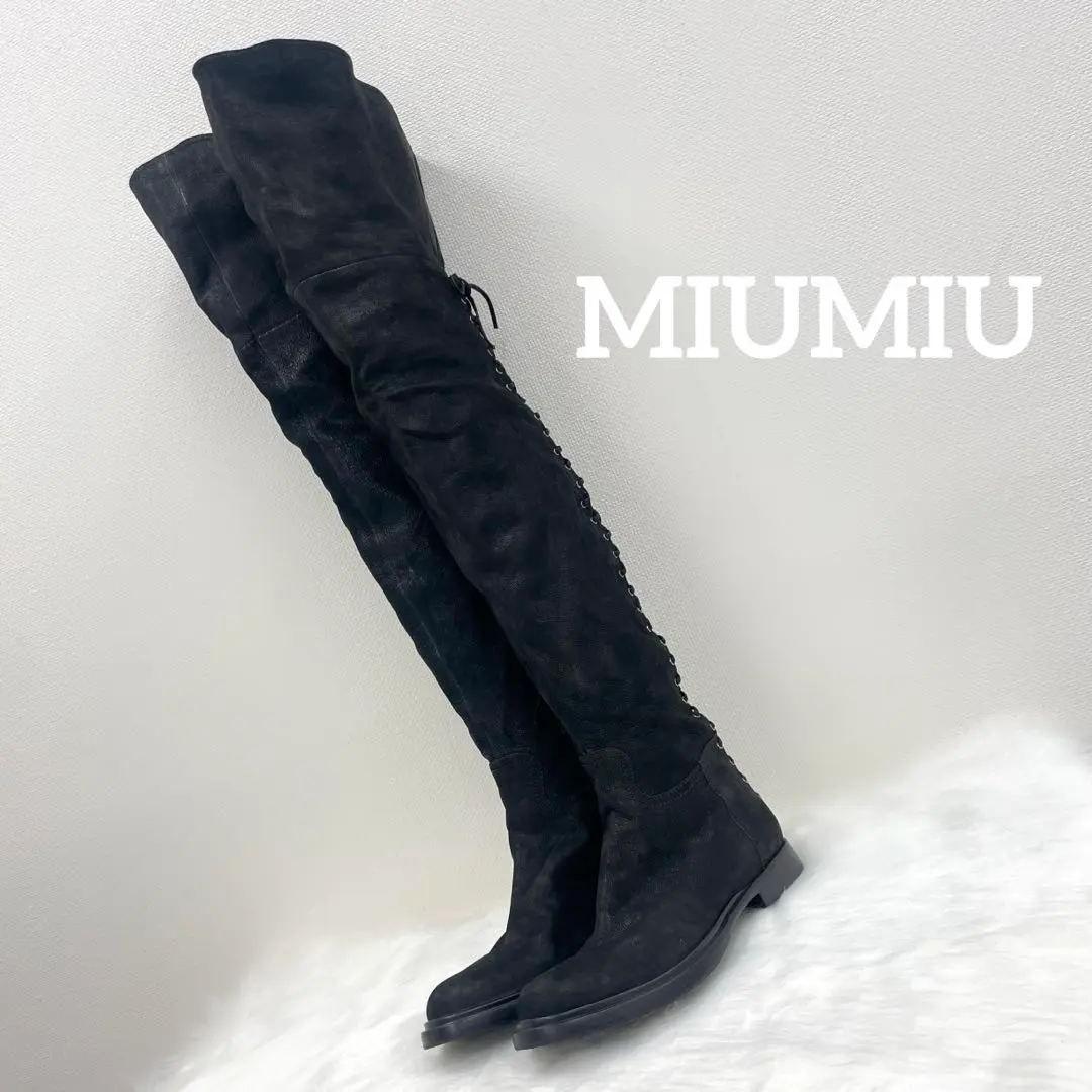 miumiu グレー リブ編み ニーハイブーツ ポインテッドトゥヒール miumiu グレー リブ編み ニーハイブーツ ポインテッドトゥヒール