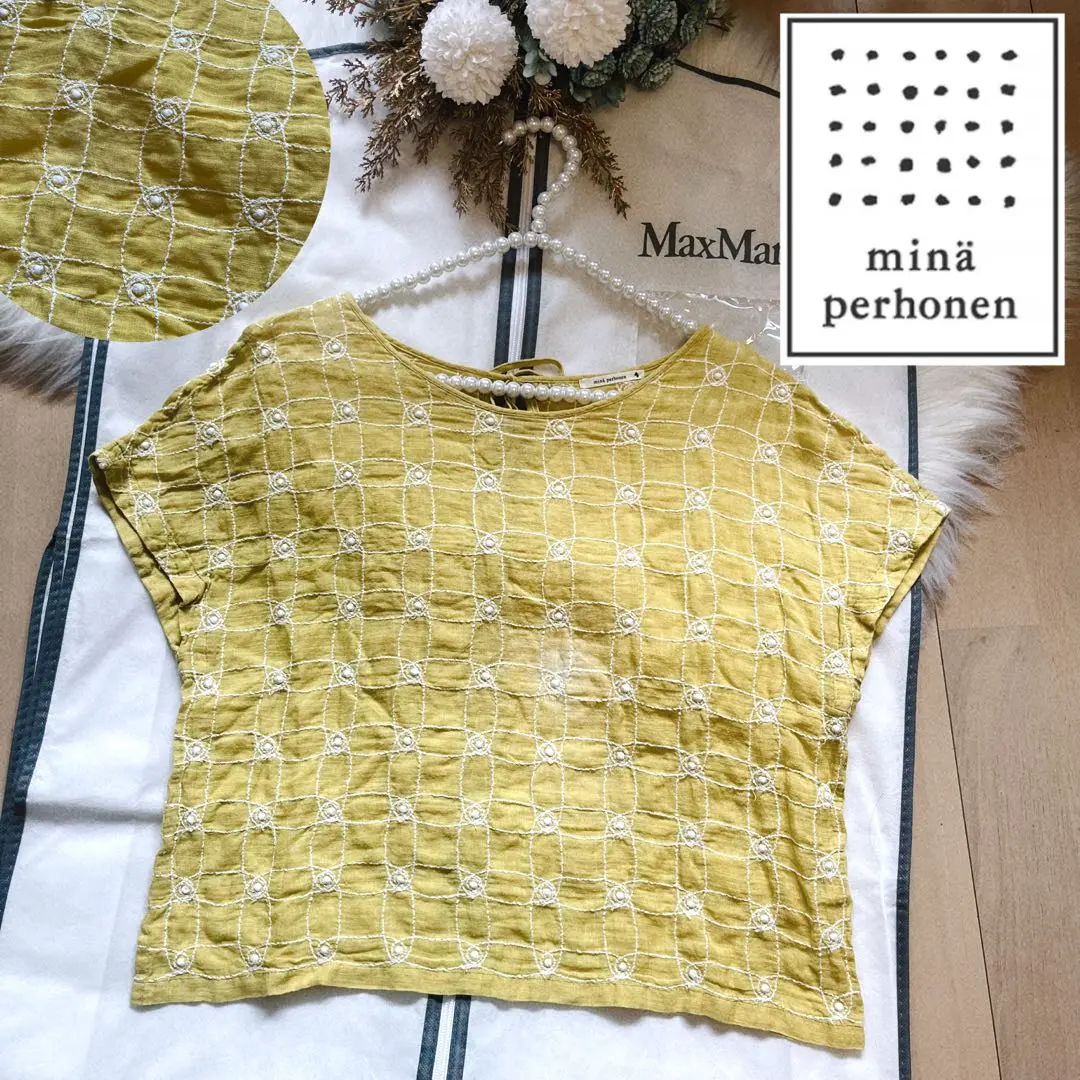 リネン100♡ミナペルホネンワンピースcantuccio 刺繍黄色38