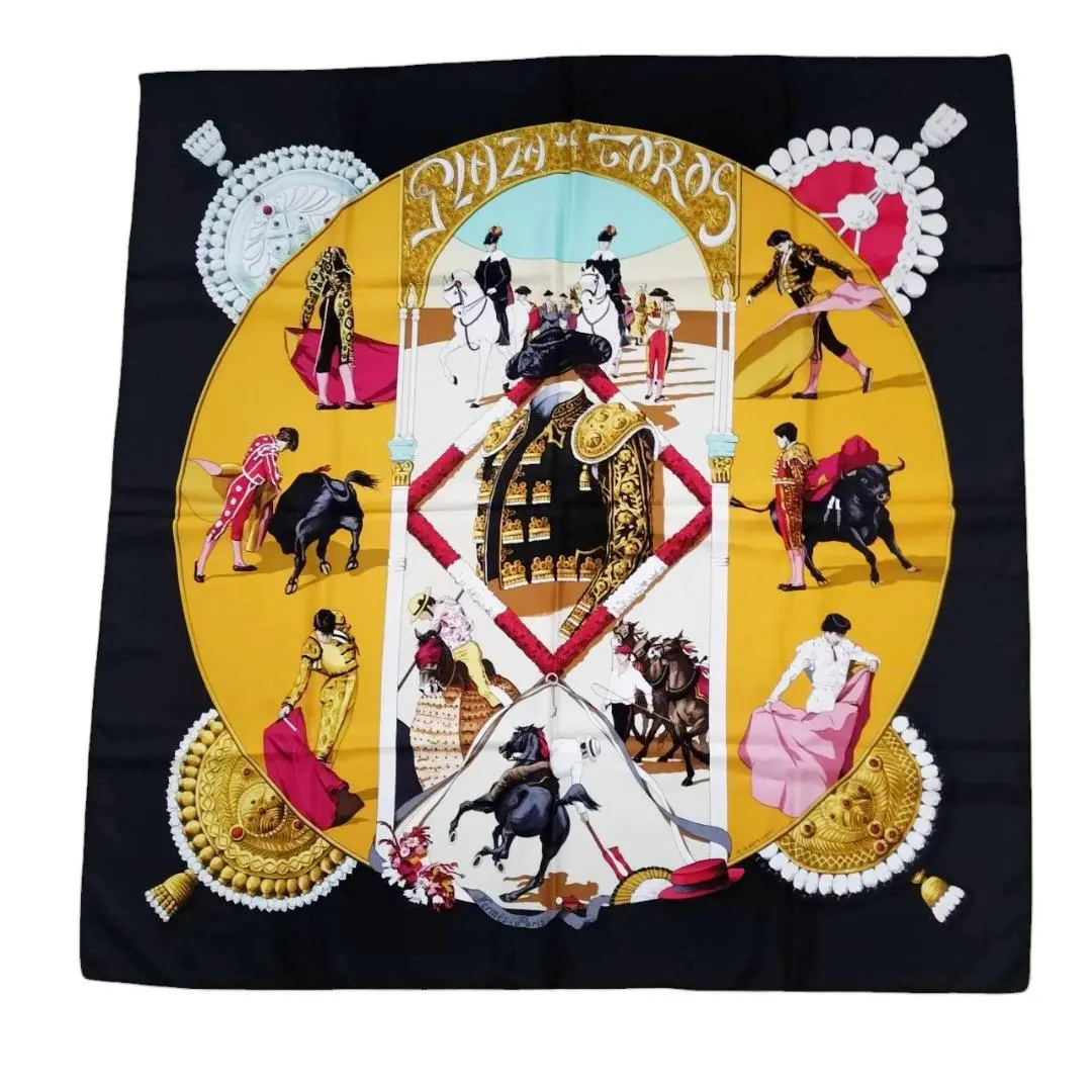 HERMESエルメススカーフ　カレ90　PLAZA DE TOROS闘牛場 エルメス カレ90 PLAZA DE TOROS 闘牛場 スカーフ シルク ブルー