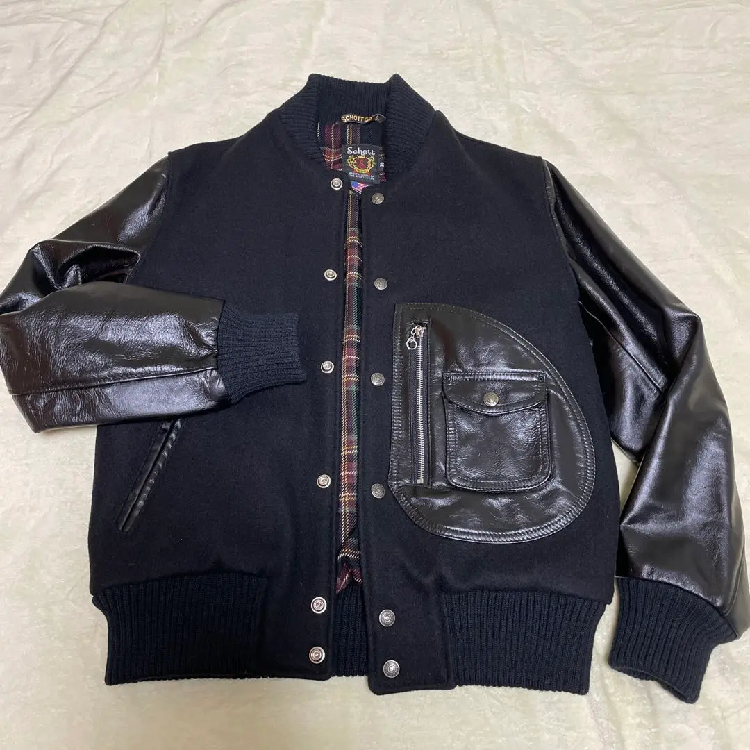 美品 ショット レザー袖 Dポケット スタジャン スタジアムジャンパー 36 黒 希少✨schott スタジャン 袖レザー Dポケット ブラック 36