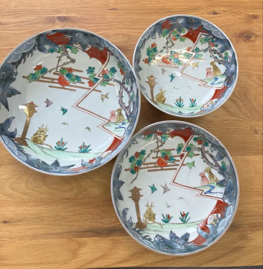 Thumbnail of Edo Period, Imari Ware, Colored Enamel, Gold Accents, Boar, Butterfly, and Carp Design, Deep Dishes, Set of 3 (Large, Medium, and Small), Decorative Plates, Antique, Hand-painted